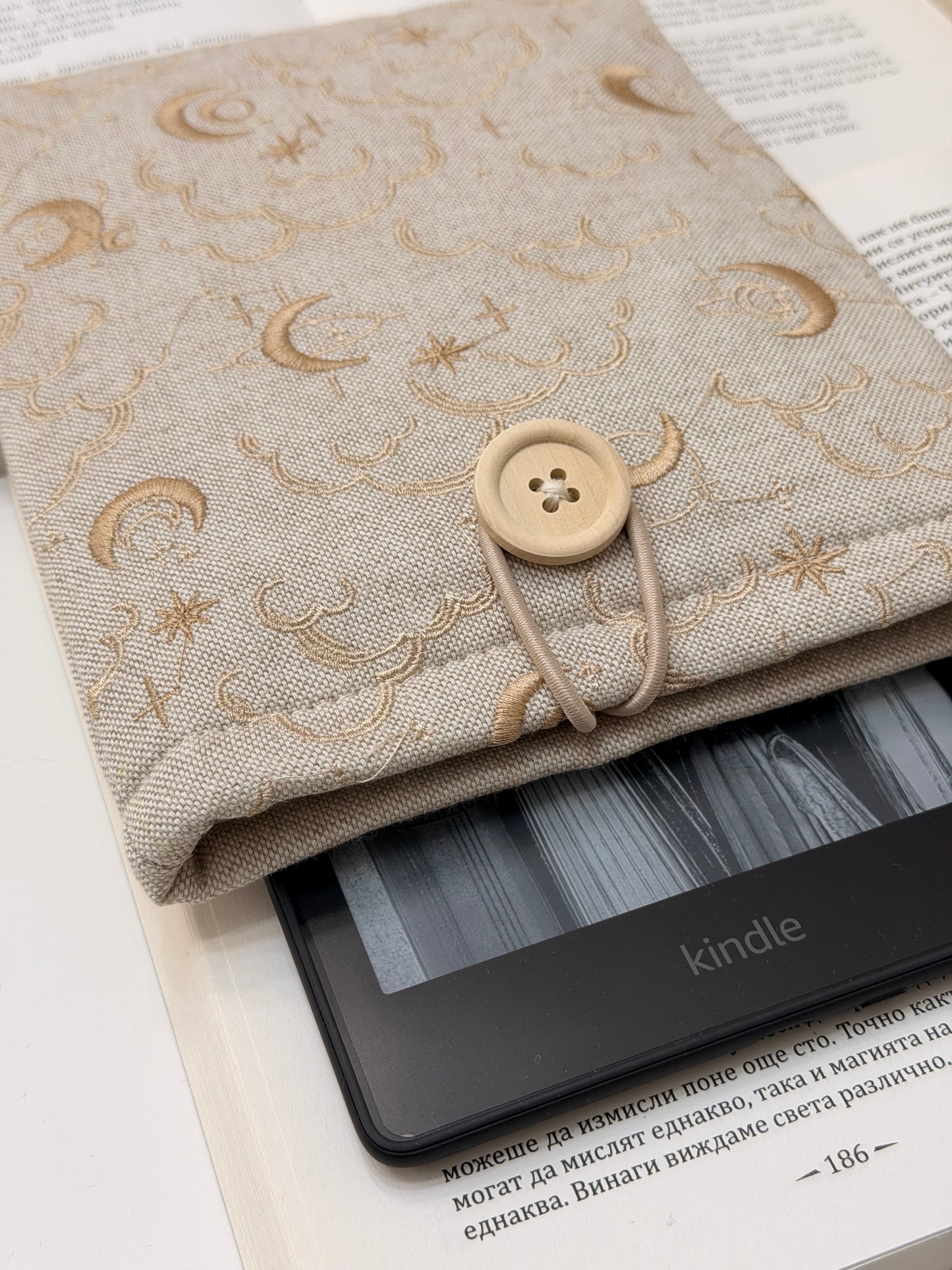Embroidery Celestial Kindle Sleeve, Moon and Stars Padded E-Reader Cover | Handmade Book Sleeve by Lullaby Crafts World