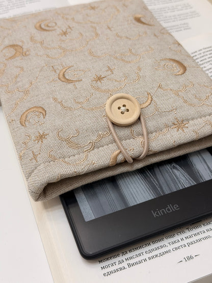 Embroidery Celestial Kindle Sleeve, Moon and Stars Padded E-Reader Cover | Handmade Book Sleeve by Lullaby Crafts World
