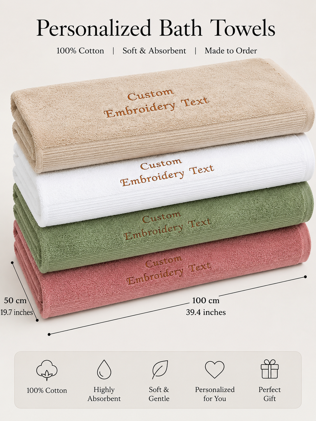 Personalized Bath Towel | Custom Embroidered Name or Initials | Luxury Cotton Towel 50×100 cm (19.7×39.4”)