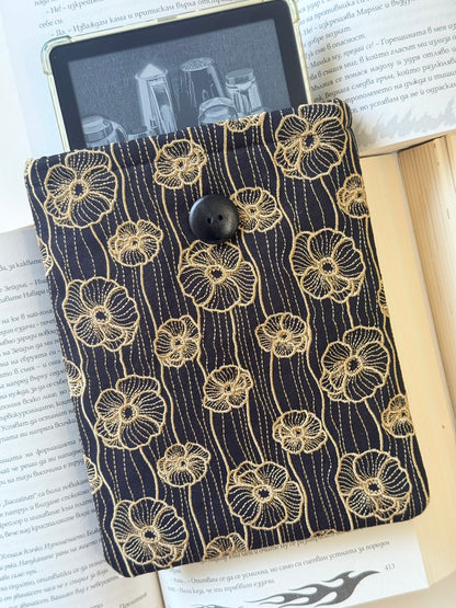 Handmade Gold Embroidery Poppy Flower Kindle Sleeve – Padded E-Reader Protector, Floral Book Cover