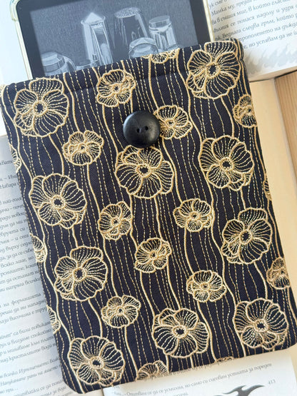 Handmade Gold Embroidery Poppy Flower Kindle Sleeve – Padded E-Reader Protector, Floral Book Cover