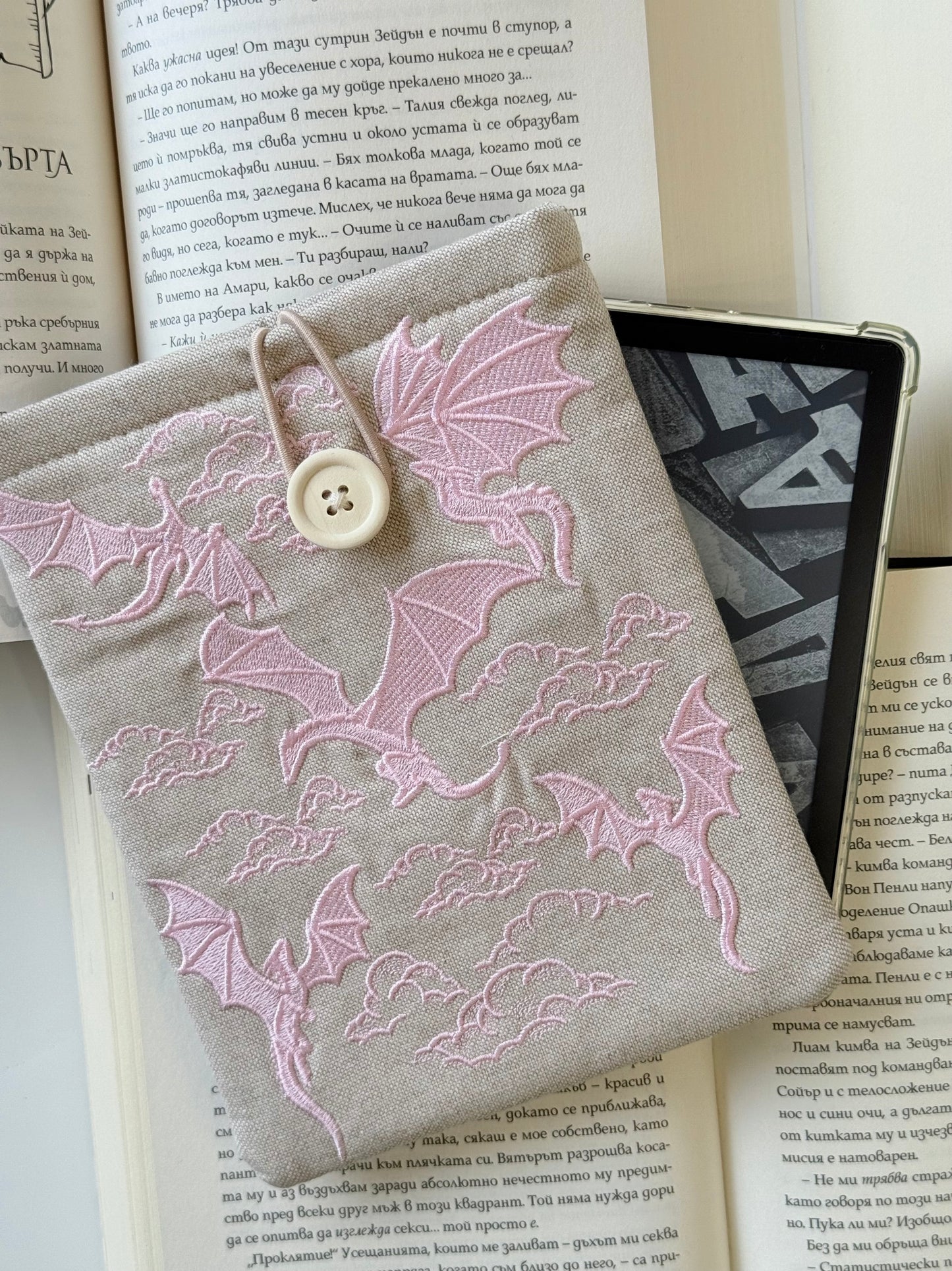 Handmade Embroidery Dragons Kindle Sleeve – Padded E-Reader Cover, Fabric Book Protector