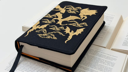 Embroidery Gold Dragons Adjustable Book Cover – Handmade Padded Linen Sleeve with Elastic Closure