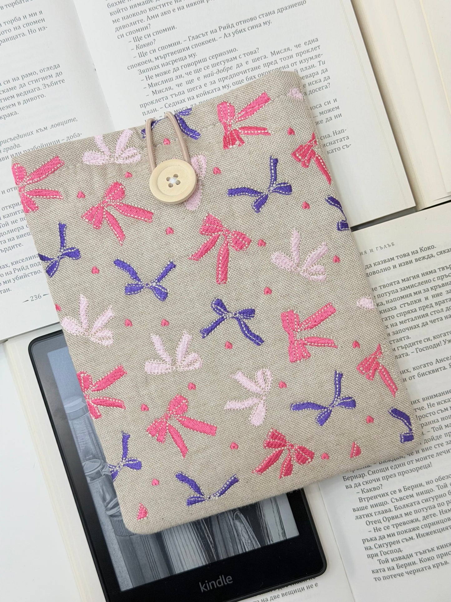 Embroidered Ribbons Kindle Sleeve – Padded Linen E-Reader Cover, Handmade Device Protector by Lullaby Crafts World