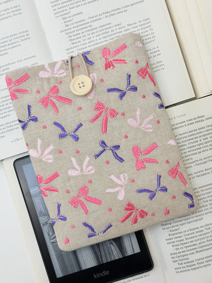 Embroidered Ribbons Kindle Sleeve – Padded Linen E-Reader Cover, Handmade Device Protector by Lullaby Crafts World