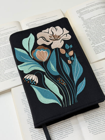 Embroidery Elegant Flower Adjustable Book Cover – Handmade Padded Linen Sleeve with Elastic Closure