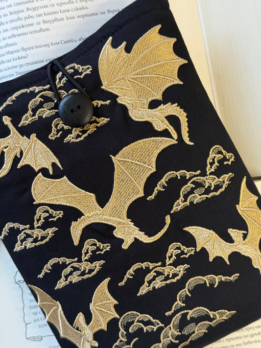 Handmade Gold Embroidery Dragons Book Sleeve – Padded Fabric Cover for Books, Kindle & E-Readers