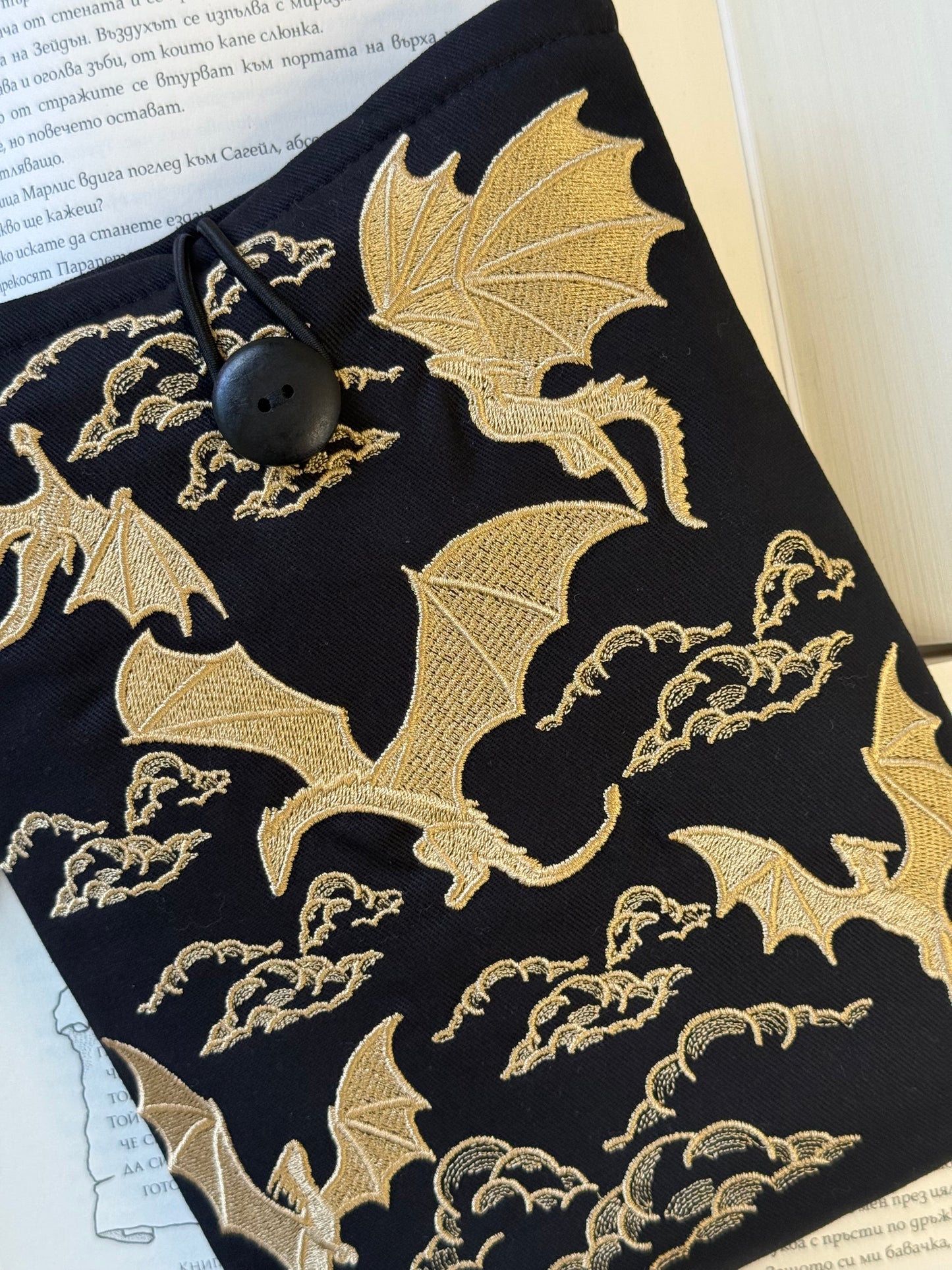 Handmade Gold Embroidery Dragons Book Sleeve – Padded Fabric Cover for Books, Kindle & E-Readers