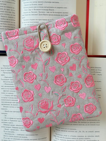 Handmade Embroidery Pink Roses Kindle Sleeve – Linen Padded E-Reader Cover, Floral Book Protector