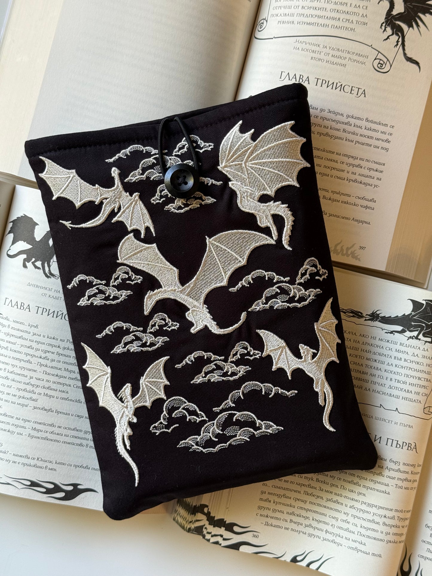 Handmade Gold Embroidery Dragons Book Sleeve – Fantasy Padded Fabric Cover for Books, Kindle & E-Readers