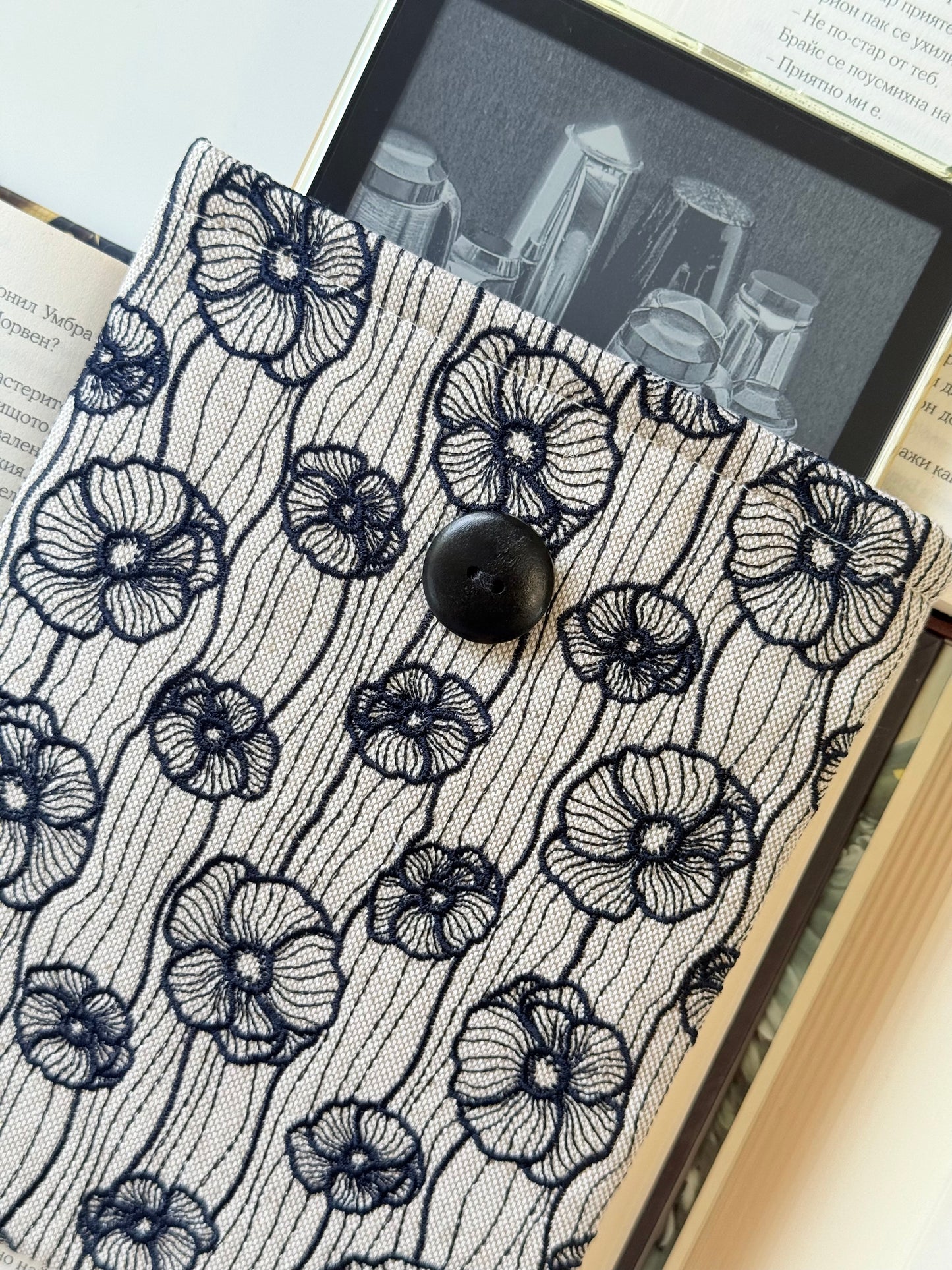 Handmade Embroidery Poppy Flower Kindle Sleeve – Padded E-Reader Protector, Floral Book Cover