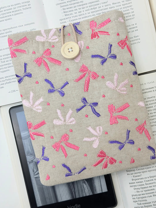 Embroidered Ribbons Kindle Sleeve – Padded Linen E-Reader Cover, Handmade Device Protector by Lullaby Crafts World