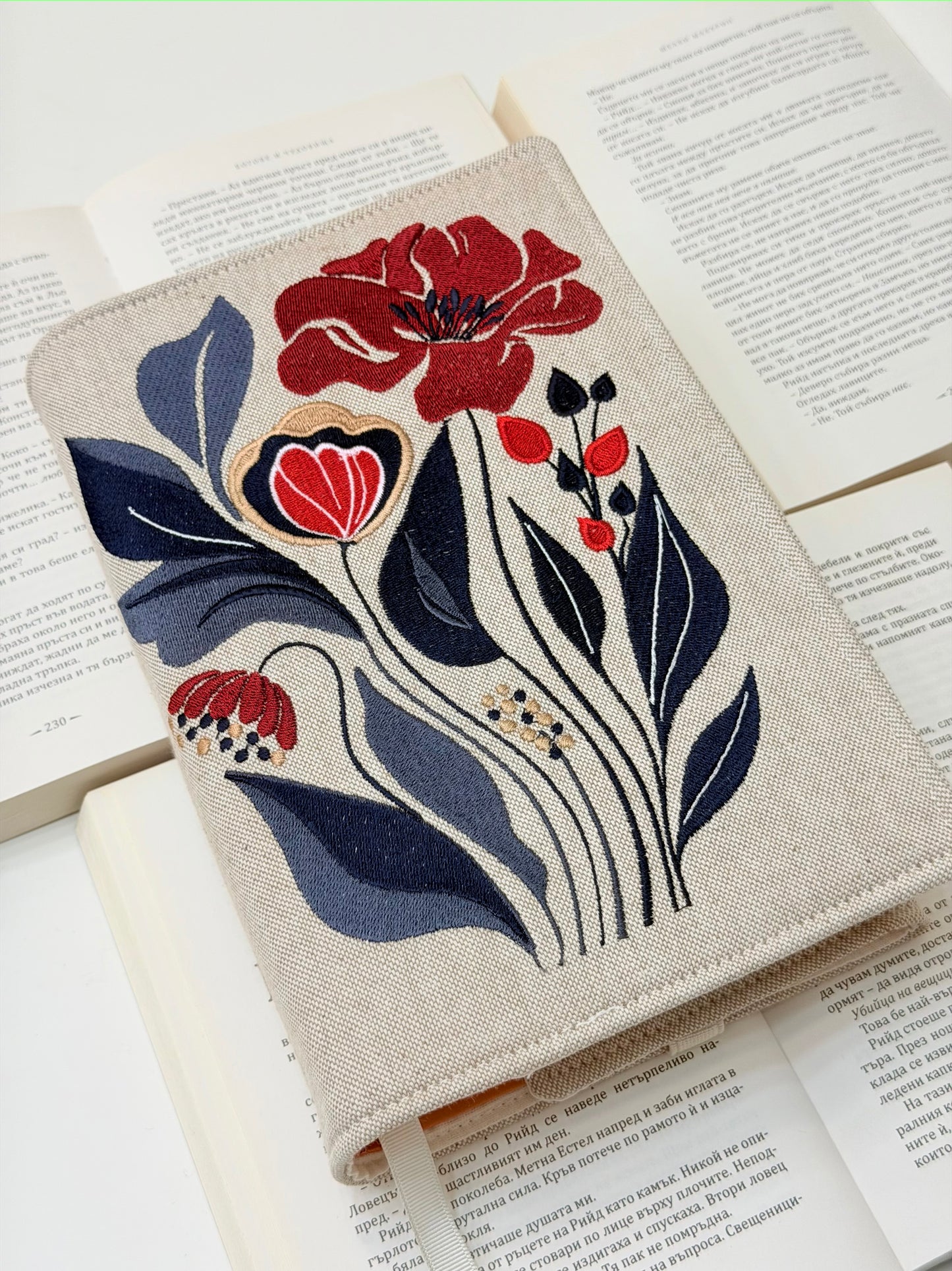 Embroidery Elegant Flower Adjustable Book Cover – Floral Handmade Padded Book Sleeve with Elastic Closure