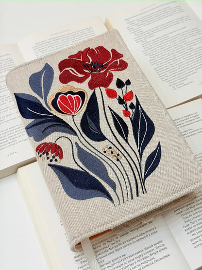 Embroidery Elegant Flower Adjustable Book Cover – Floral Handmade Padded Book Sleeve with Elastic Closure
