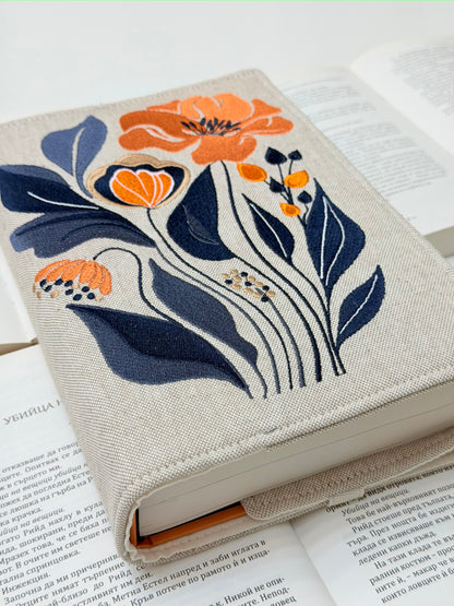Embroidery Flower Adjustable Book Cover – Floral Handmade Padded Book Sleeve with Elastic Closure