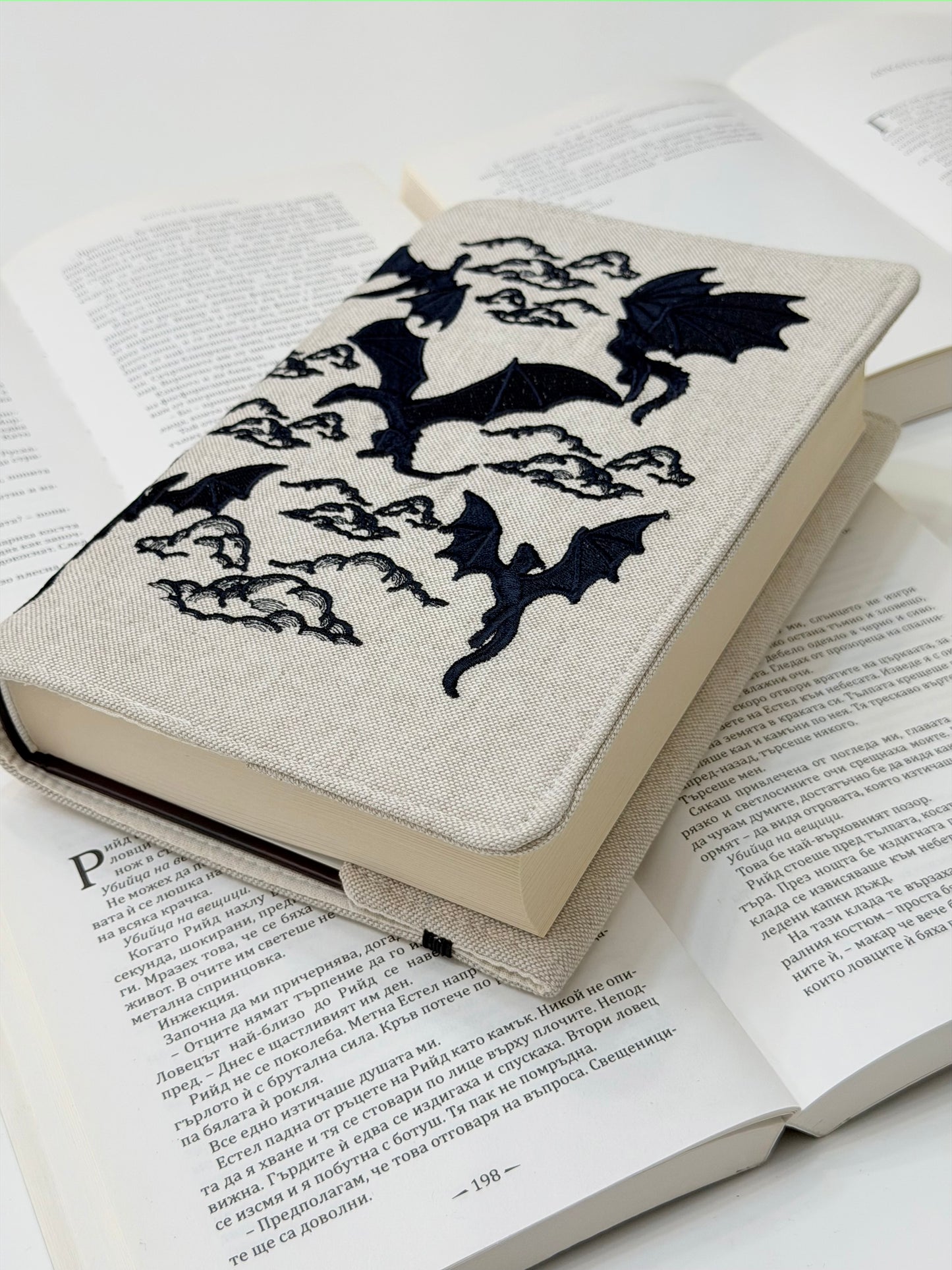 Dragons Embroidery Adjustable Book Cover – Handmade Padded Fantasy Book Sleeve