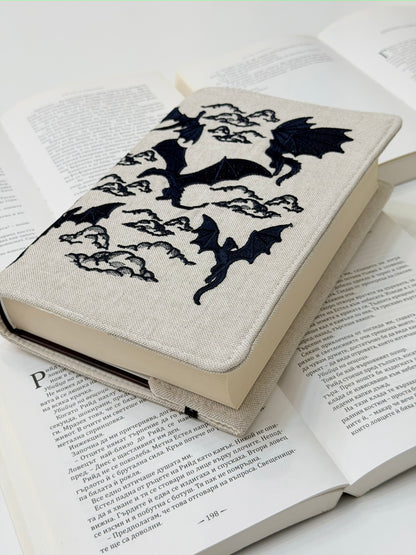 Dragons Embroidery Adjustable Book Cover – Handmade Padded Fantasy Book Sleeve