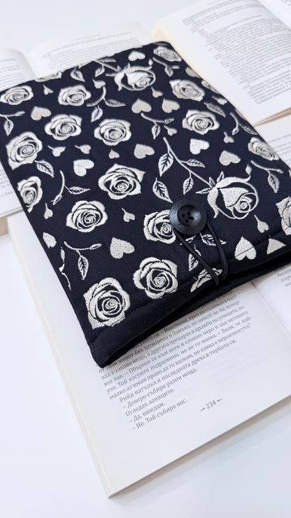 Embroidery Gothic Roses Book Sleeve – Handmade Padded Linen Cover for Books and E-Readers