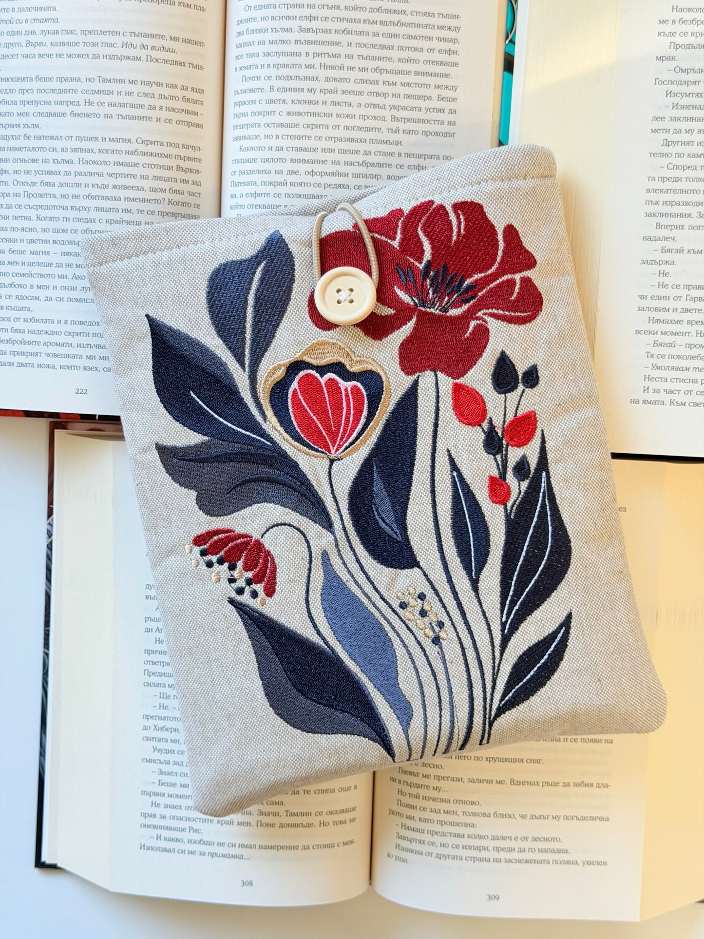 Handmade Embroidery Flower Book Sleeve, Padded Fabric Cover for Books, Kindle & E-Readers