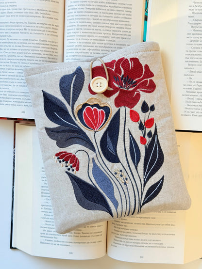 Handmade Embroidery Flower Book Sleeve, Padded Fabric Cover for Books, Kindle & E-Readers