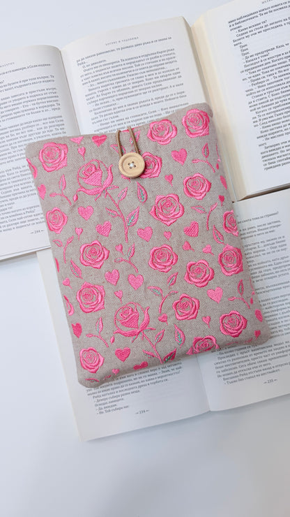 Pink Embroidery Roses Book Sleeve – Handmade Padded Linen Cover for Books and E-Readers