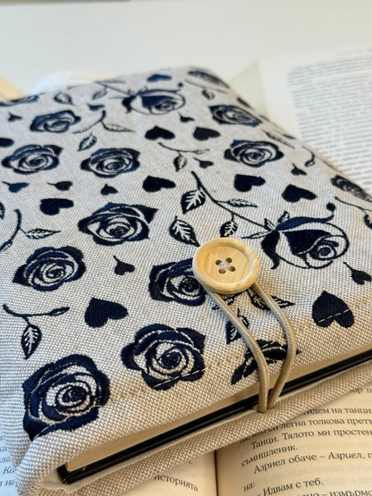 Handmade Black Embroidery Roses Book Sleeve – Gothic Floral Padded Cover for Books, Kindle & E-Readers