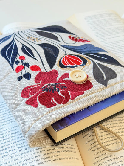 Handmade Embroidery Flower Book Sleeve, Padded Fabric Cover for Books, Kindle & E-Readers