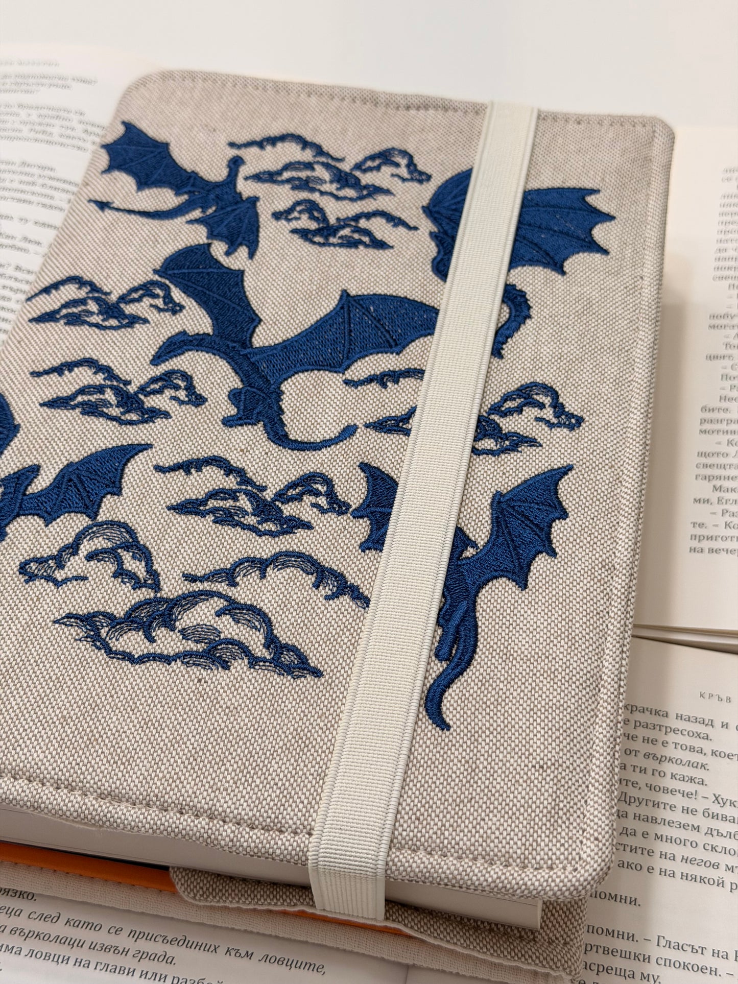 Embroidery Dragons Adjustable Book Cover – Handmade Padded Linen Sleeve with Elastic Closure