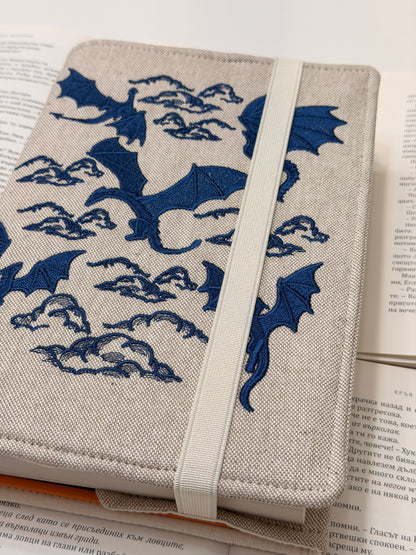 Embroidery Dragons Adjustable Book Cover – Handmade Padded Linen Sleeve with Elastic Closure