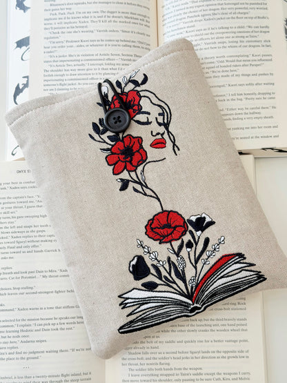 floral embroidery woman with roses and book