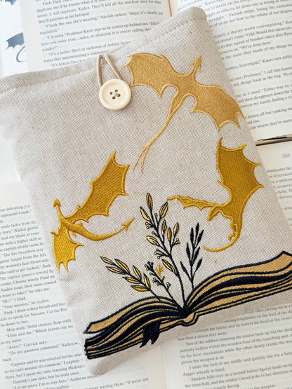 Handmade Gold Dragon Embroidered Book Sleeve – Padded Linen Fabric Protector