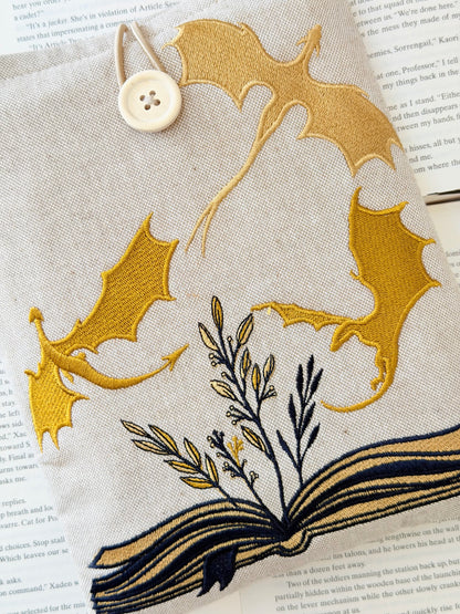 Handmade Gold Dragon Embroidered Book Sleeve – Padded Linen Fabric Protector