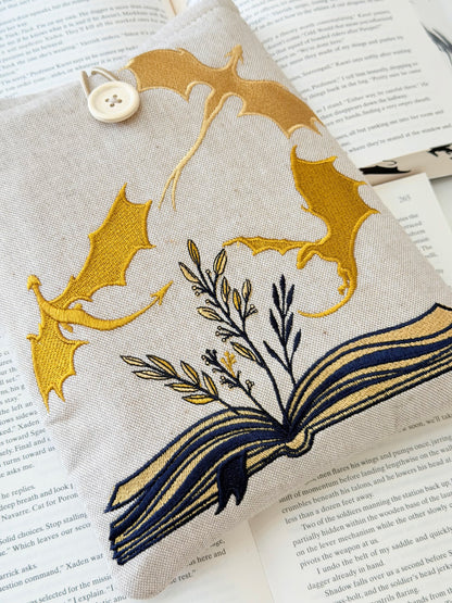 Handmade Gold Dragon Embroidered Book Sleeve – Padded Linen Fabric Protector