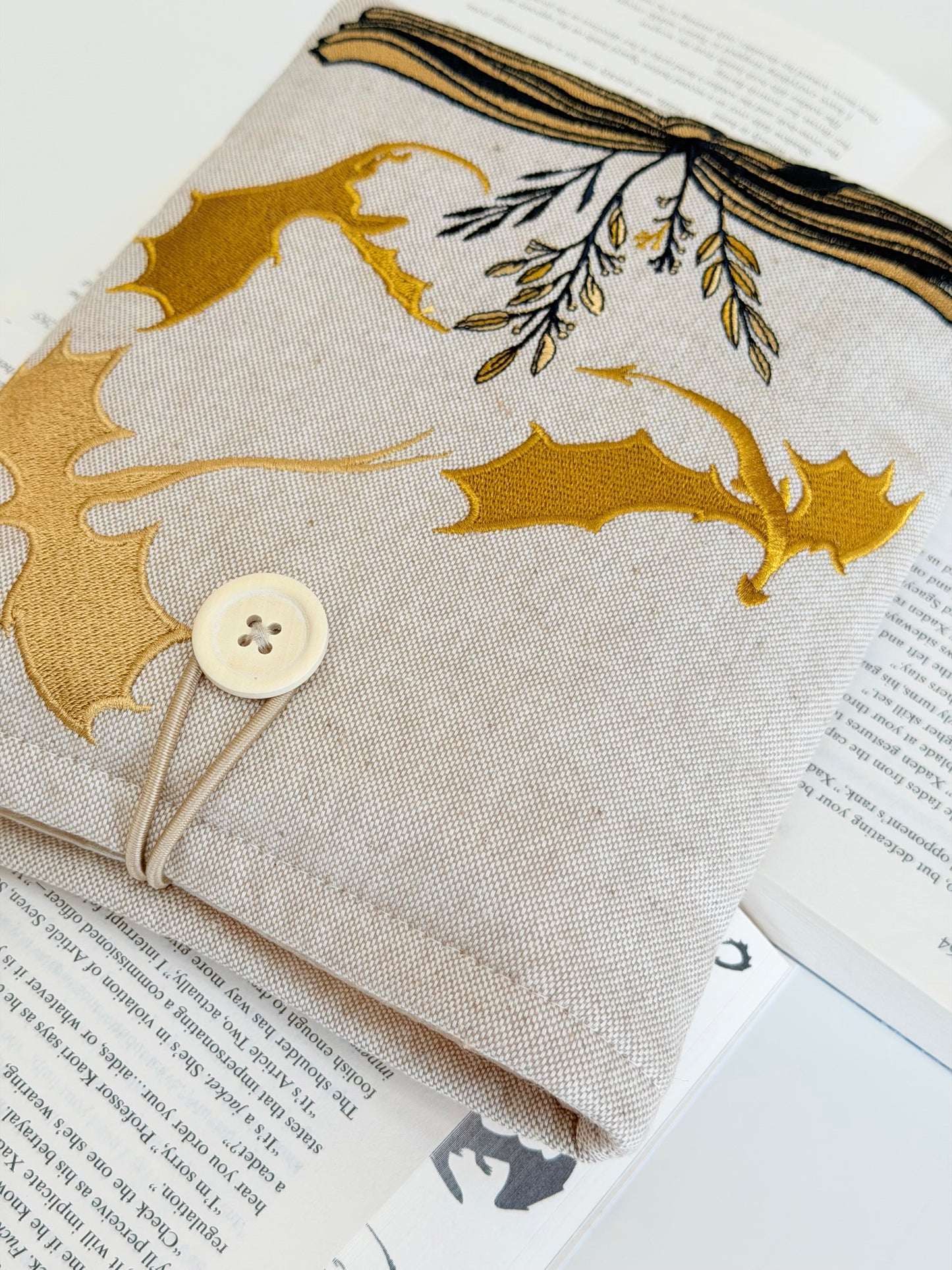Handmade Gold Dragon Embroidered Book Sleeve – Padded Linen Fabric Protector