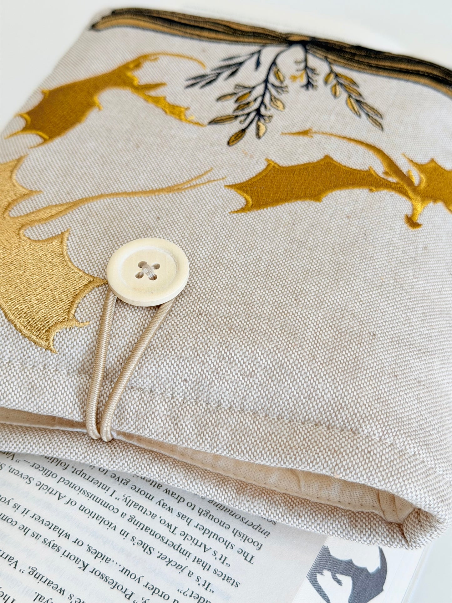 Handmade Gold Dragon Embroidered Book Sleeve – Padded Linen Fabric Protector