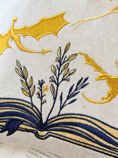 Handmade Gold Dragon Embroidered Book Sleeve – Padded Linen Fabric Protector