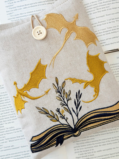 Handmade Gold Dragon Embroidered Book Sleeve – Padded Linen Fabric Protector
