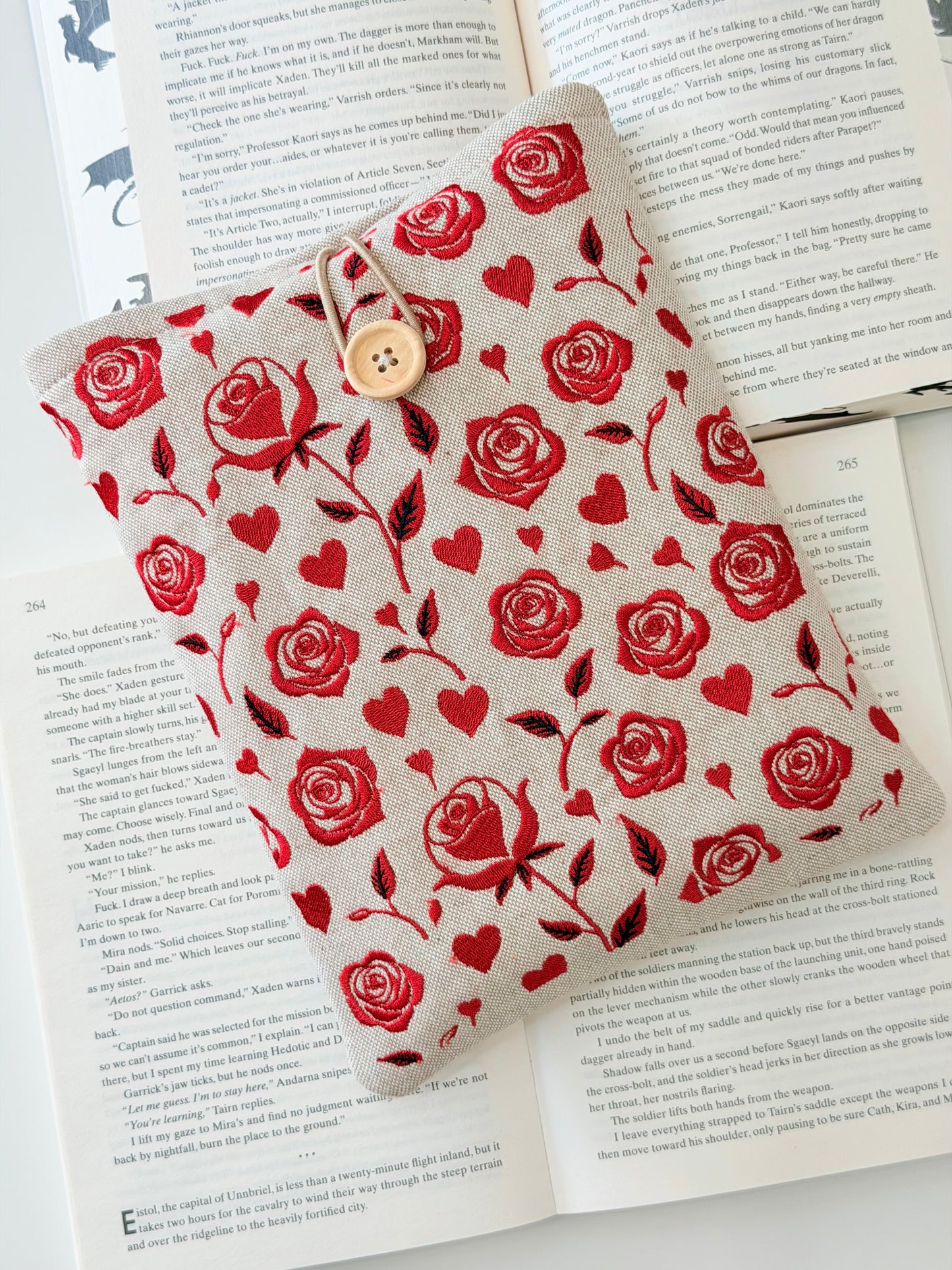 Handmade Embroidery Red Roses Book Sleeve, Fabric Book Protector