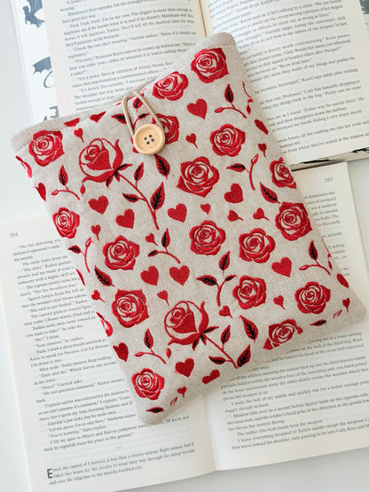 Handmade Embroidery Red Roses Book Sleeve, Fabric Book Protector