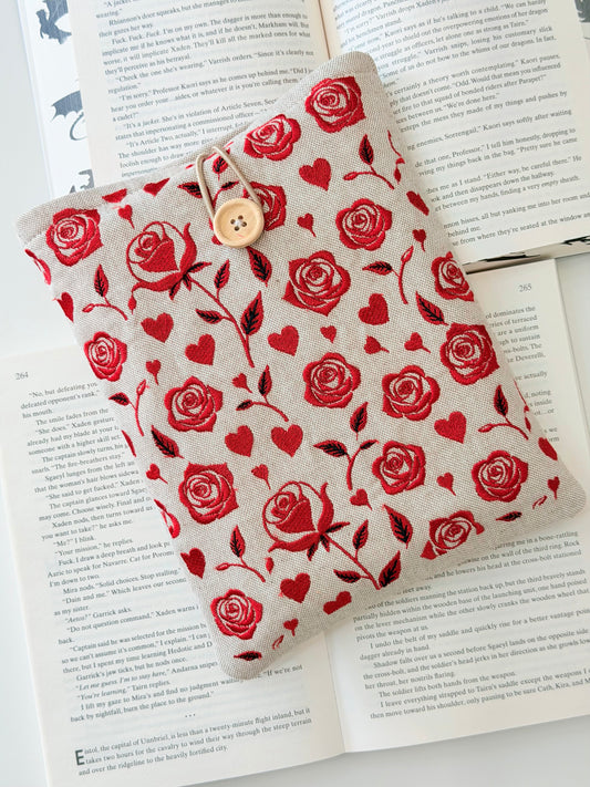 Handmade Embroidery Red Roses Book Sleeve, Fabric Book Protector