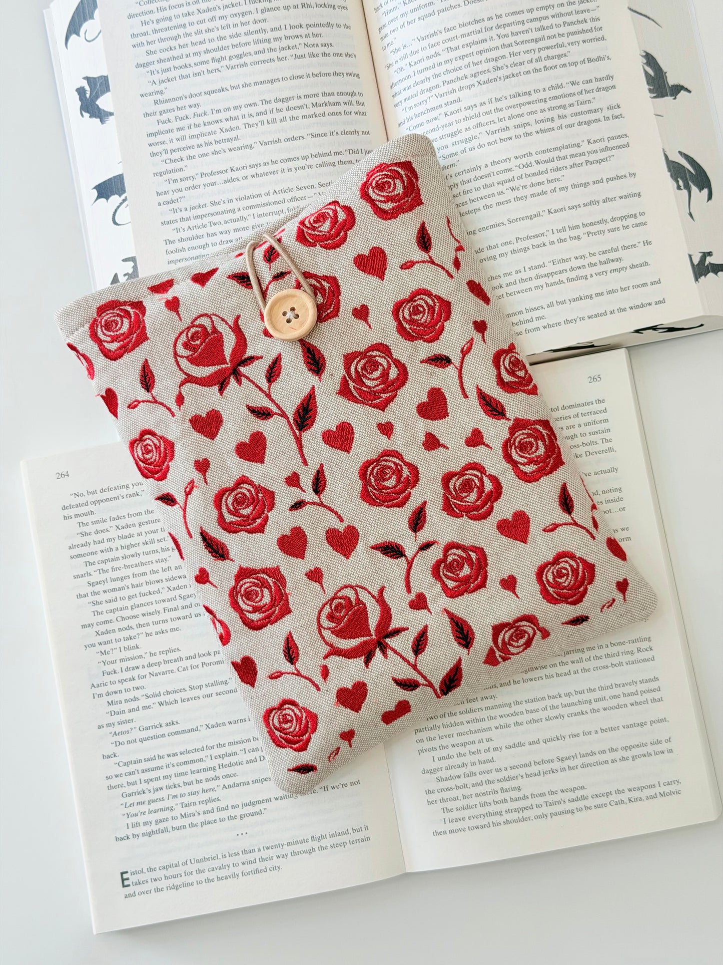 Handmade Embroidery Red Roses Book Sleeve, Fabric Book Protector