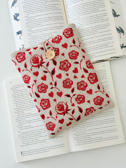 Handmade Embroidery Red Roses Book Sleeve, Fabric Book Protector