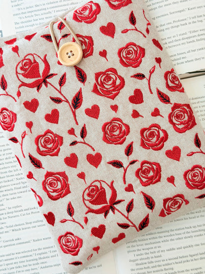 Handmade Embroidery Red Roses Book Sleeve, Fabric Book Protector