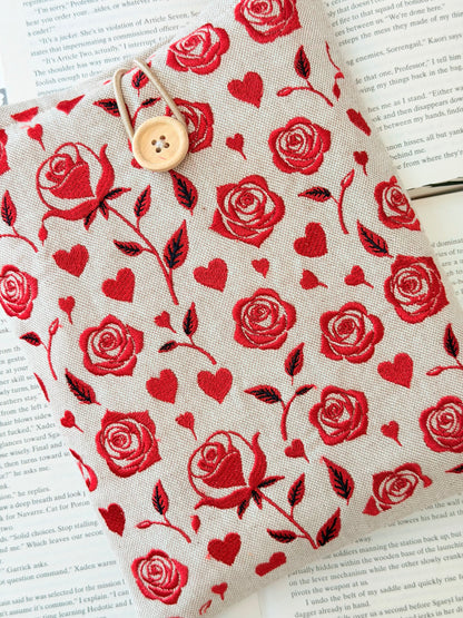 Handmade Embroidery Red Roses Book Sleeve, Fabric Book Protector