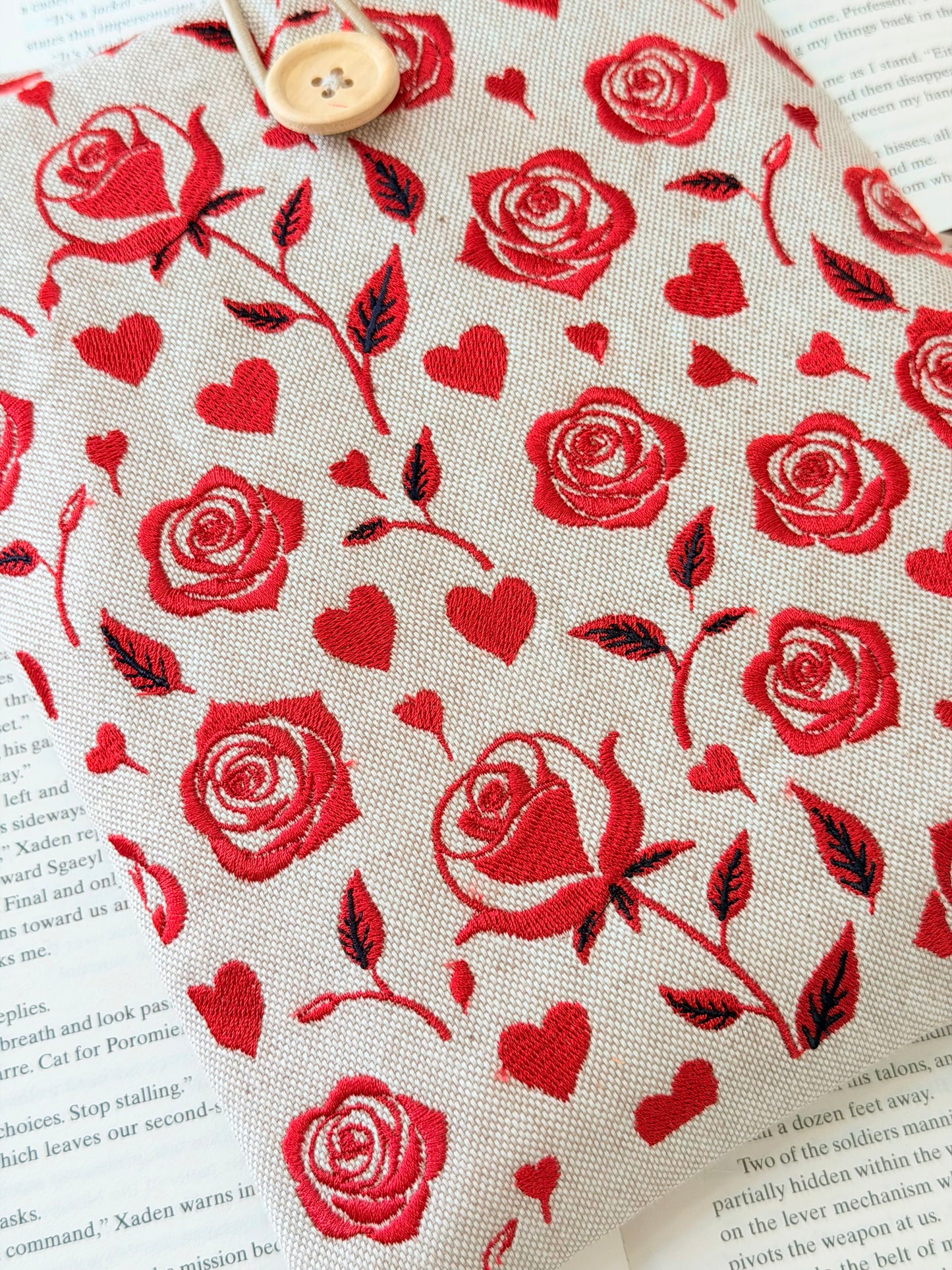 Handmade Embroidery Red Roses Book Sleeve, Fabric Book Protector