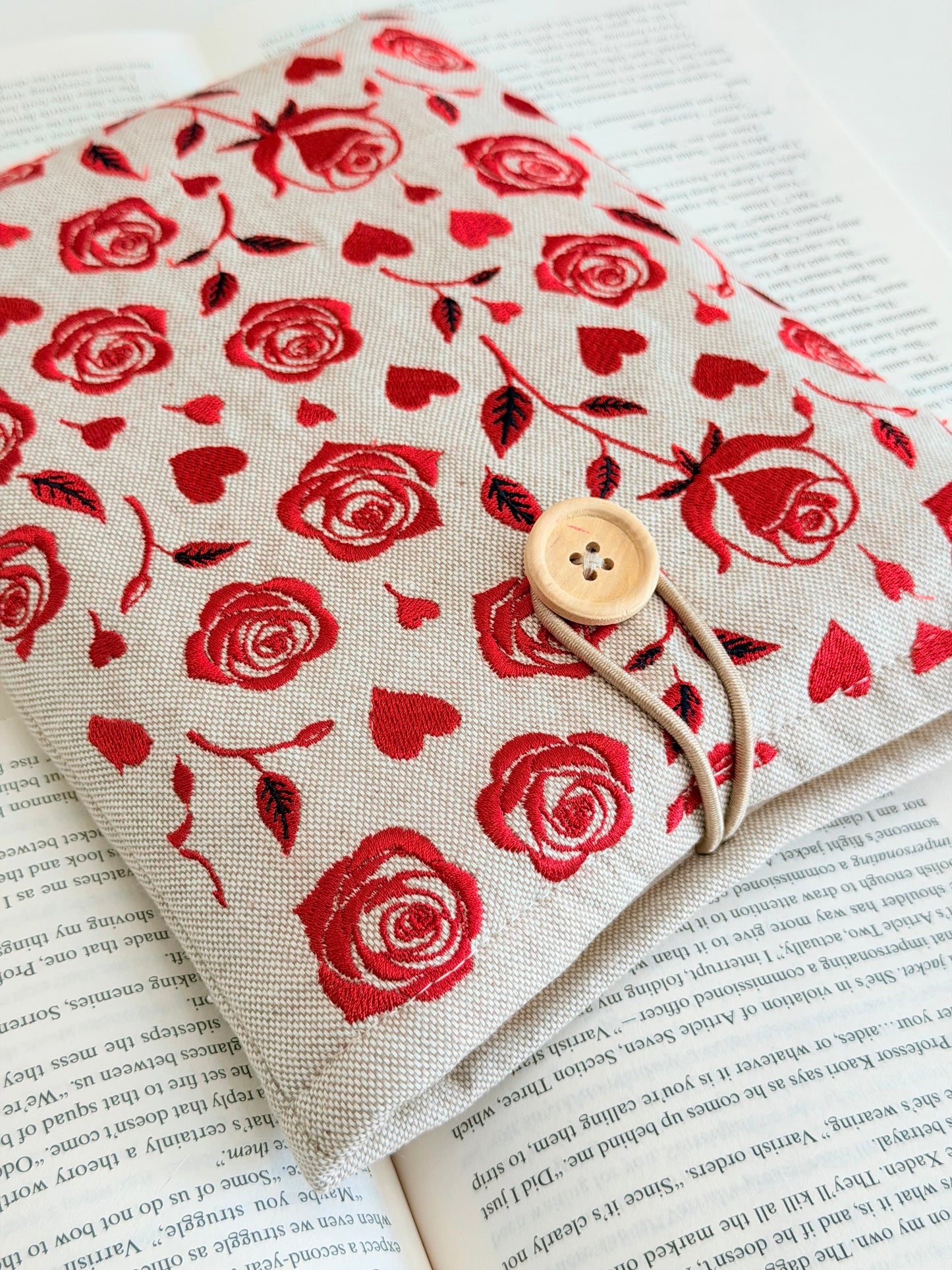 Handmade Embroidery Red Roses Book Sleeve, Fabric Book Protector