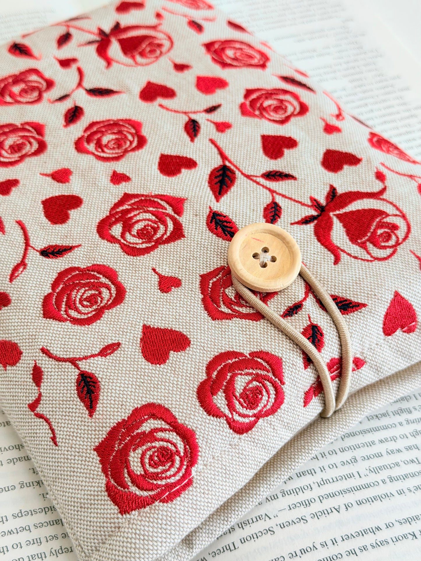 Handmade Embroidery Red Roses Book Sleeve, Fabric Book Protector