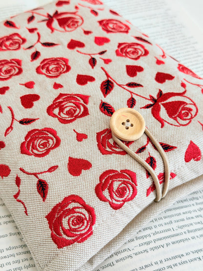 Handmade Embroidery Red Roses Book Sleeve, Fabric Book Protector