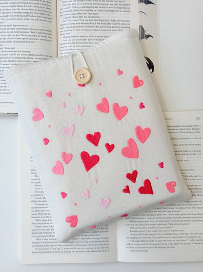 Heart Embroidered Book Sleeve – Romantic Book Lover Gift, Padded Fabric Cover