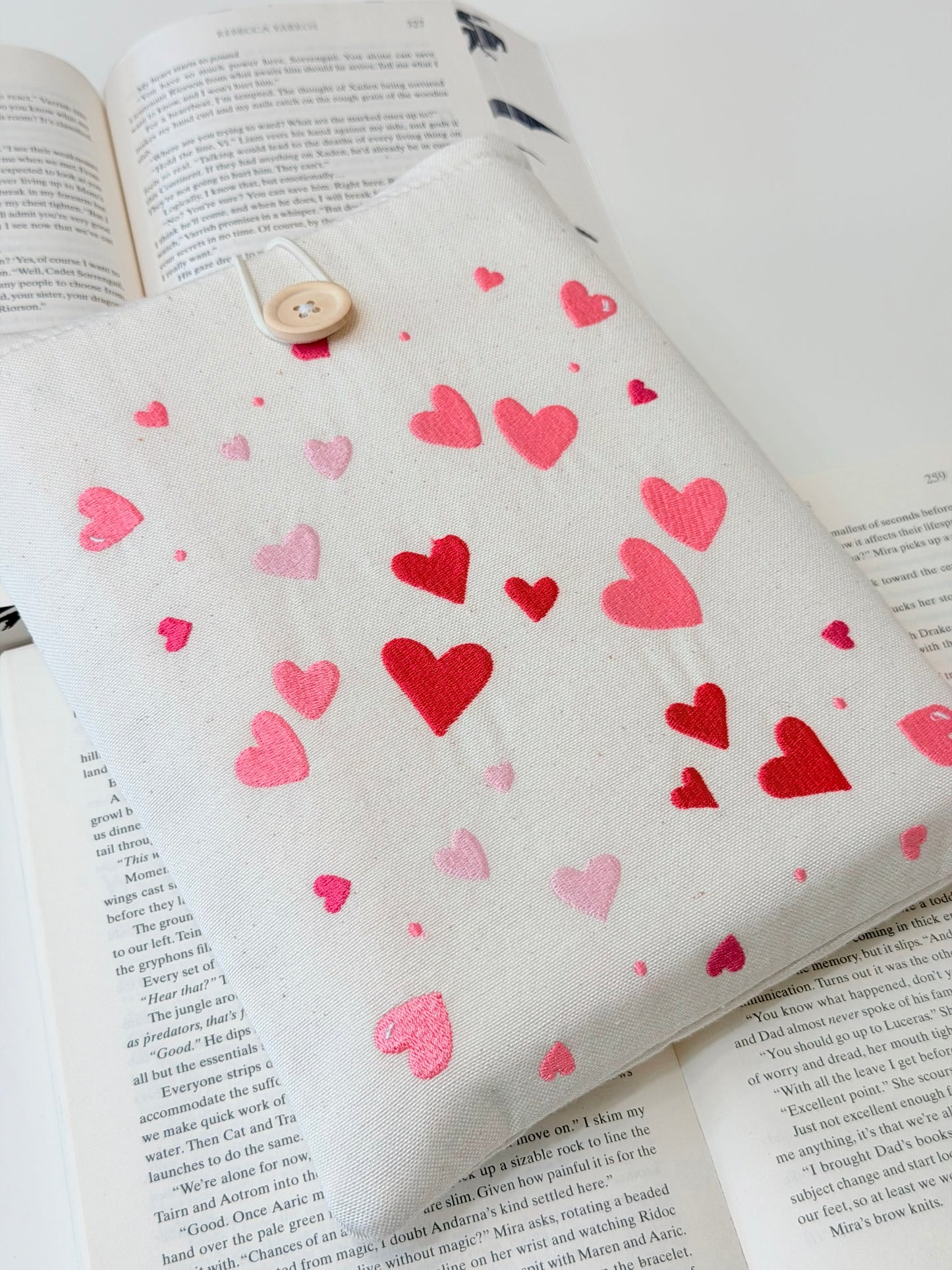 Heart Embroidered Book Sleeve – Romantic Book Lover Gift, Padded Fabric Cover